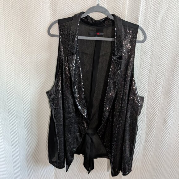 MXM Black Sequin Sheer Waterfall Vest Glam Layering Piece Size 2X Plus Size - Picture 7 of 15